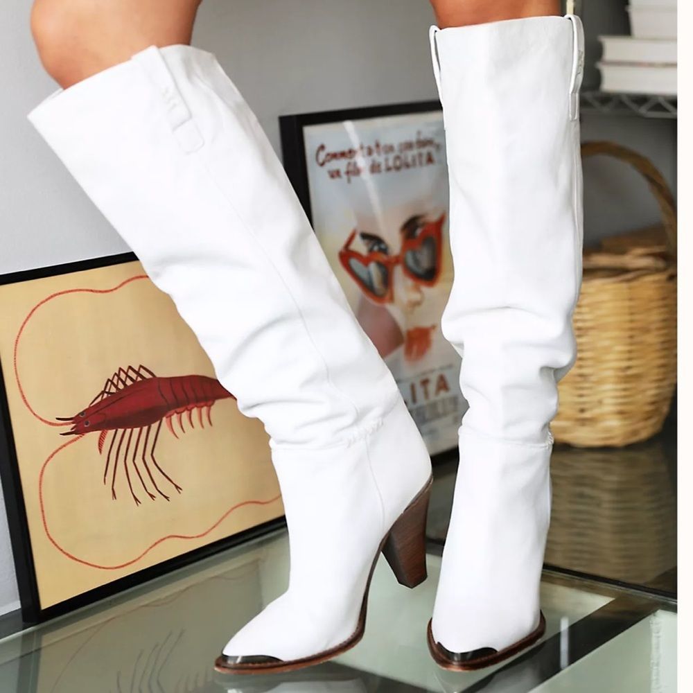 Free People White Knee-High Heeled Boots